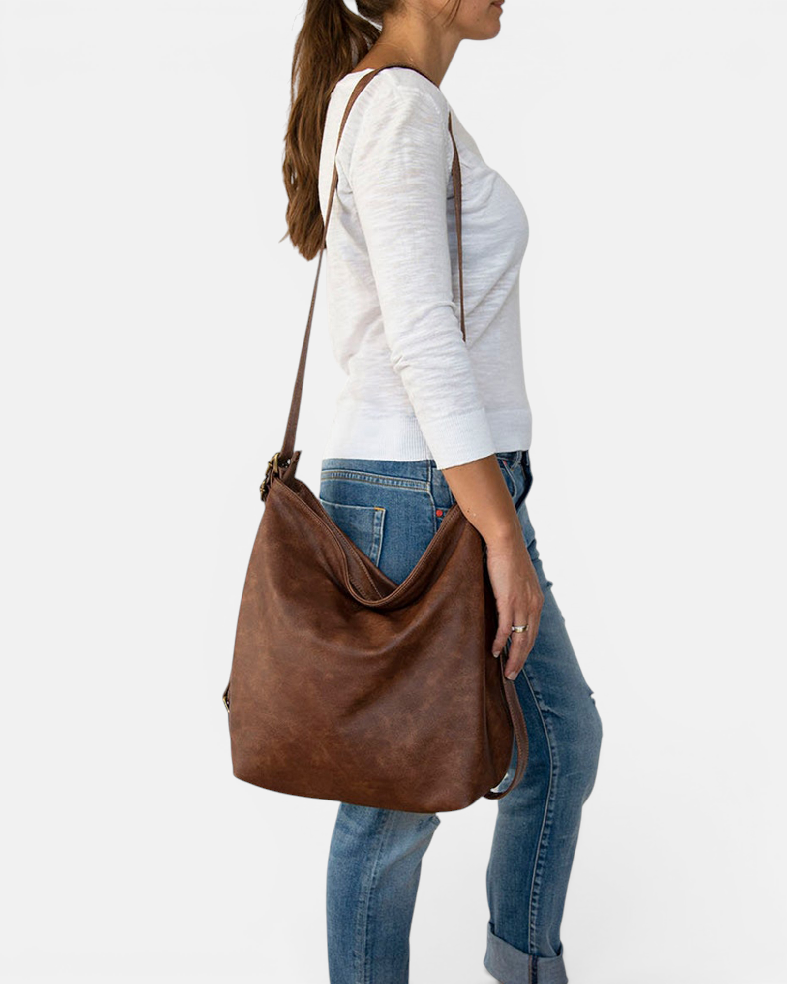 Brown Convertible Leather Hobo  Bag – 3-in-1 Shoulder, Backpack & Crossbody