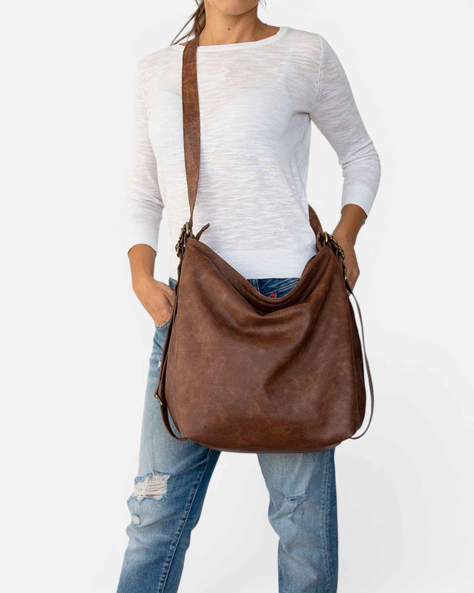 Brown Convertible Leather Hobo  Bag – 3-in-1 Shoulder, Backpack & Crossbody